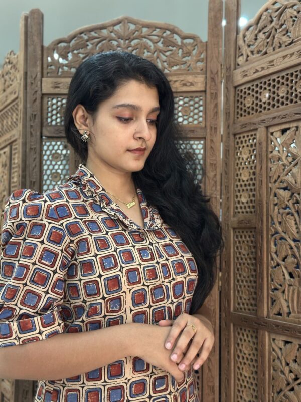 Check Box Ajrak Vegetable Print Ruffle Collar Top - Image 3