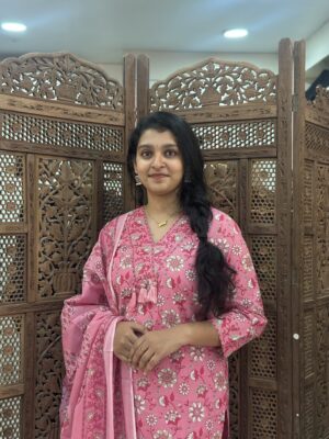 Jaipuri Striped Floral Print Kurta Set with Dupatta
