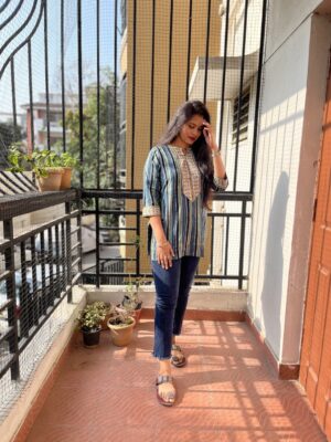Striped Ajrak Round Neck Tunic
