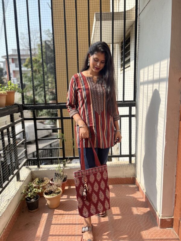 Striped Ajrak Round Neck Tunic - Image 3
