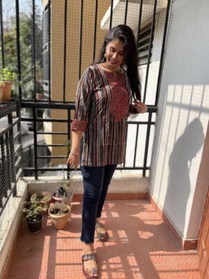 Striped Ajrak Round Neck Tunic