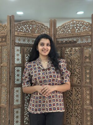 Check Box Ajrak Vegetable Print Ruffle Collar Top