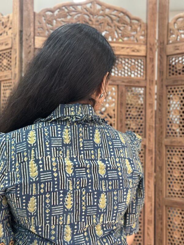 Leaf Motif Ajrak Natural Dyed Ruffle Collar Top - Image 2