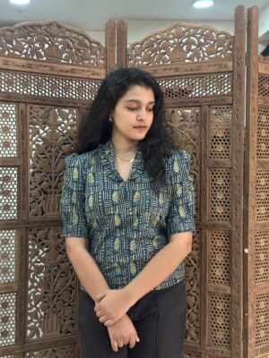 Leaf Motif Ajrak Natural Dyed Ruffle Collar Top